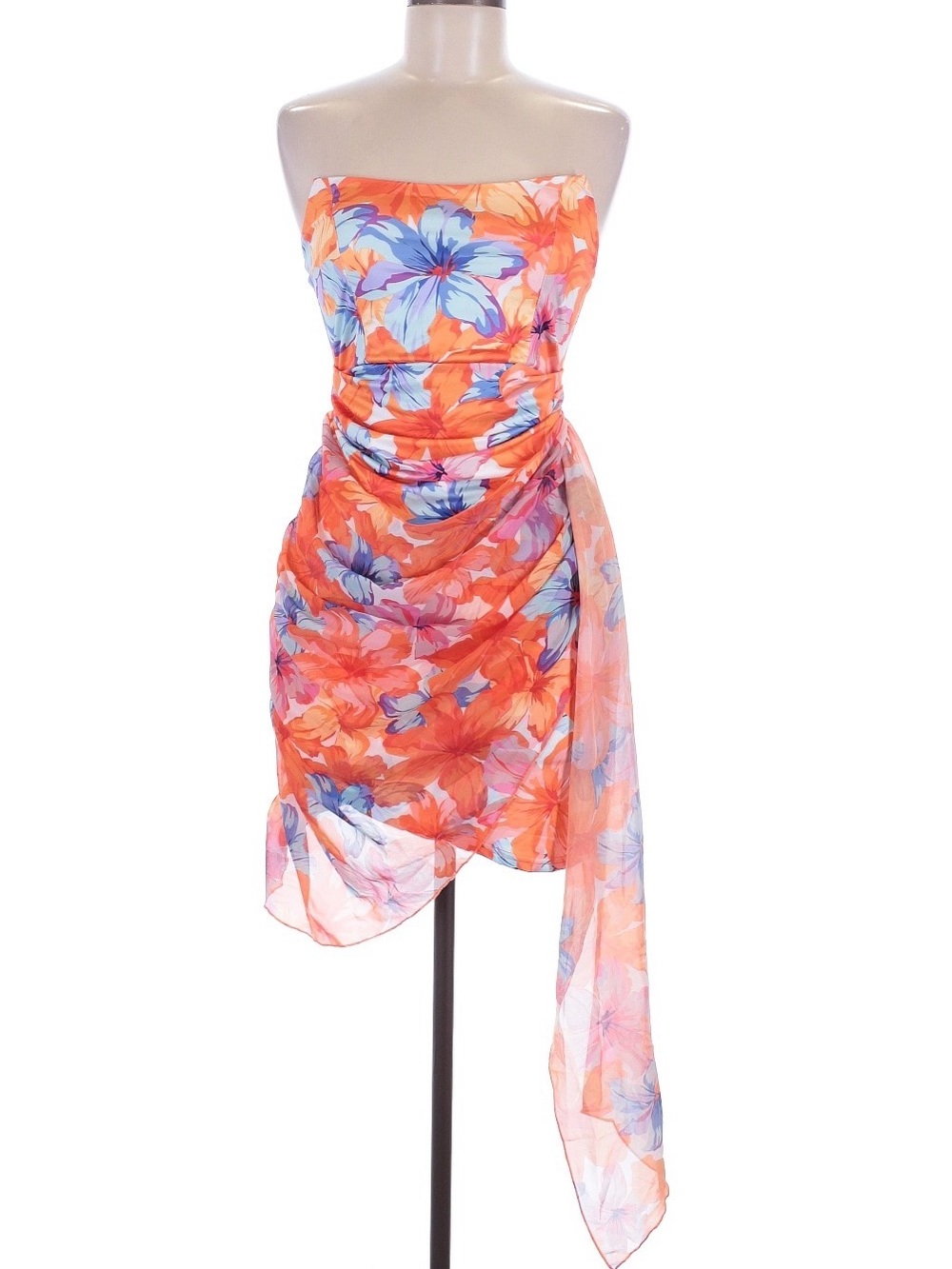 NWT Micas Strapless Orange Floral Ruched Summer Dress medium